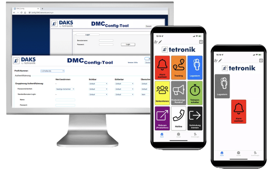 Desktop mit DMC-ConfigTool, zwei Smartphones mit DMC-App