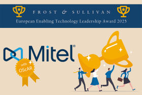 Mitel logo, on which hangs a golden badge with the inscription “with OScAR”; next to it an isometric depiction of people carrying a large trophy