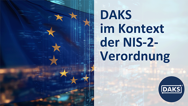 Text panel ‘DAKS in the context of the NIS 2 Regulation’ in front of a semi-transparent European flag and a city illuminated at night