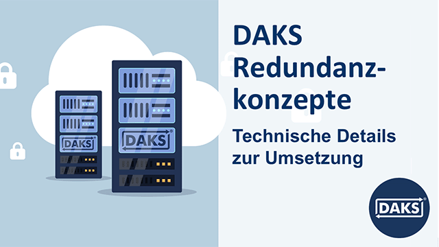 Text panel ‘DAKS redundancy concepts’ in front of a graphic showing two server cabinets arranged one behind the other, each with the DAKS brand in place of one of the servers.