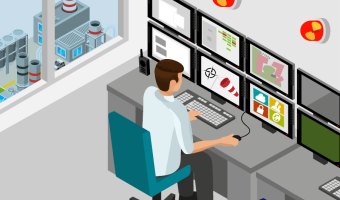 Control center employee sits in front of several screens