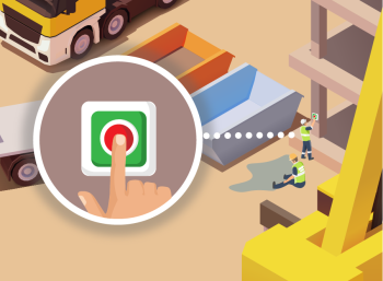 Construction site scene with two construction workers; one is sitting and holding his leg, the other is standing and pressing a button. One section of the image shows a close-up of the hand pressing the button.