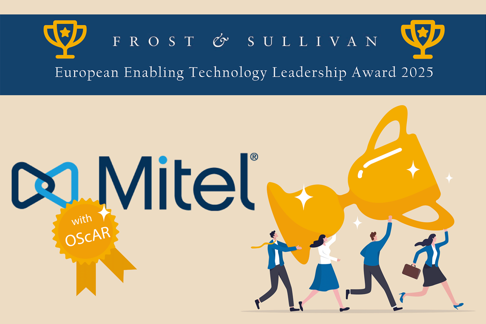 Mitel logo, on which hangs a golden badge with the inscription “with OScAR”; next to it an isometric depiction of people carrying a large trophy
