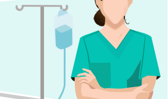 Cofident nurse in front of infusion stand