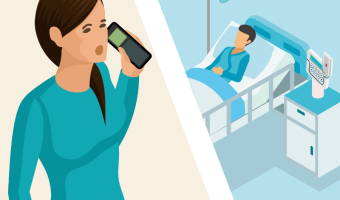 Krankenschwester mit DECT-Telefon links, Patient in seinem Bett rechts