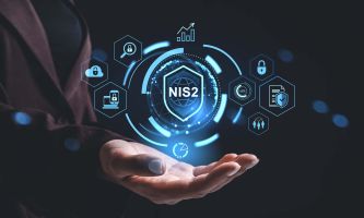 One hand holds holographic symbols such as NIS-2 lettering and a protective shield