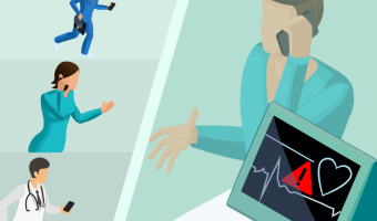 Nurse next to patient monitor with red exclamation mark on the screen on the right of the picture, three healthcare professionals running in his direction on the left of the picture