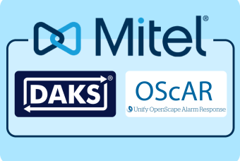 Mitel-Logo oben, darunter DAKS- und OScAR-Logos
