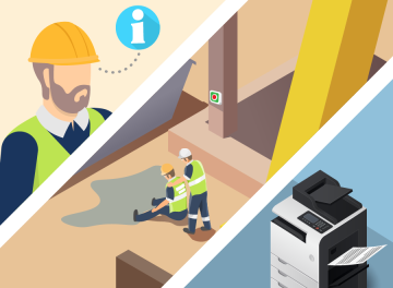 Three-part image: the first section shows a construction worker with an information symbol; the second shows the construction site scene, with the fallen construction worker sitting next to his colleague; the third section shows a printer.