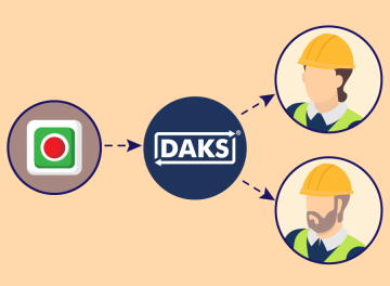 Schematic representation: A button points with an arrow to a blue circle with the DAKS logo, which in turn points with two arrows to two construction workers.
