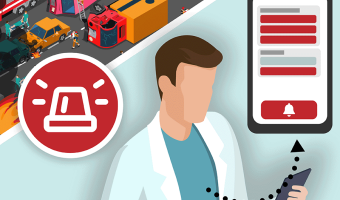 A doctor looks at his phone, on which a dashboard is displayed; an accident and the symbol of a signal light can be seen at the top left