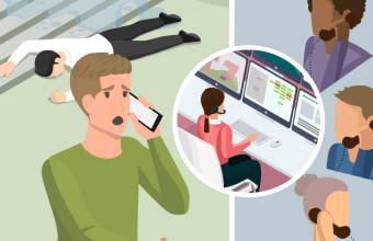 Concerned person on the phone with control center and colleagues; an injured person lies in the background