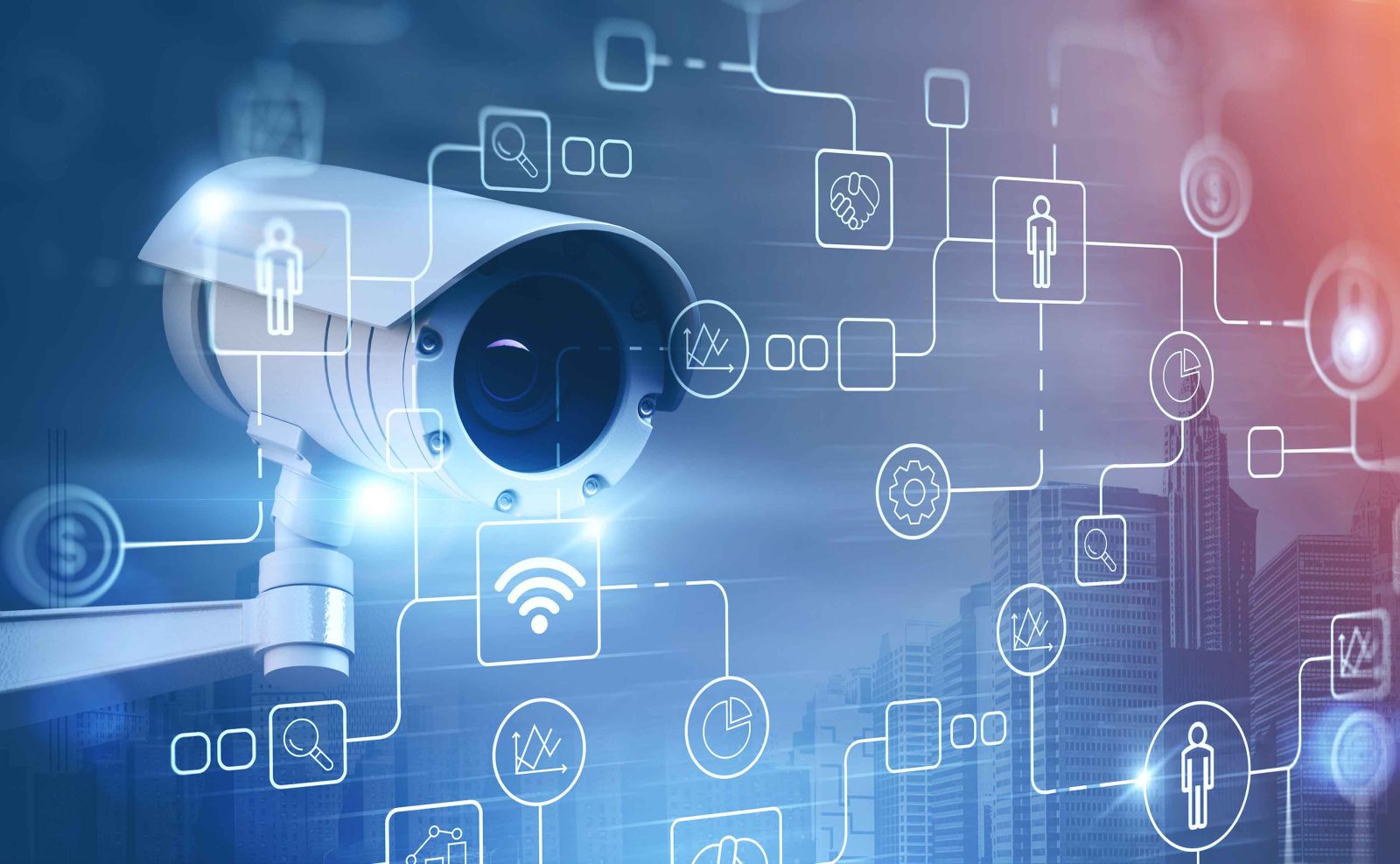 Surveillance camera on a blue background with interconnected white symbols in the foreground