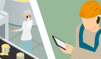 An employee in a food factory stands at the assembly line talking on the phone; in the right section of the picture, a technician wearing a helmet looks at his phone