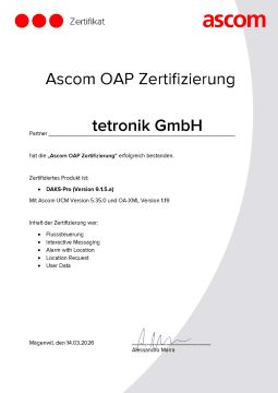 Zertifikat zur OAP-Zertifizierung durch Ascom