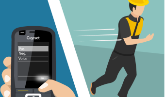 In the left section of the picture, a hand on the phone presses "Confirm"; in the right section of the picture, a worker with a safety helmet is running