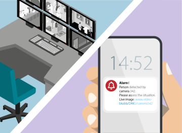 Split image: on the left, a workplace with many screens; on the right, a close-up of a cell phone with an alarm message