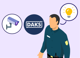 Schematische Darstellung eines Sicherheitsbeamten; eine Überwachungskamera und die DAKS-Marke in Kreisen links von ihm und ein Kreis mit einer leuchtenden Glühbirne rechts