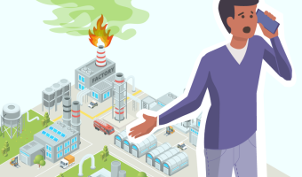 Desperate citizen on the phone, green gas escaping from the burning chimney of a chemical plant in the background