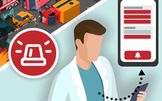 Ein Arzt blickt auf sein Telefon, auf dem ein Dashboard angezeigt wird; links oben ist ein Unfall zu sehen und das Symbol einer Signalleuchte