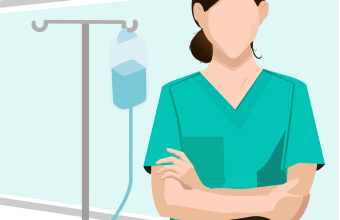 Cofident nurse in front of infusion stand