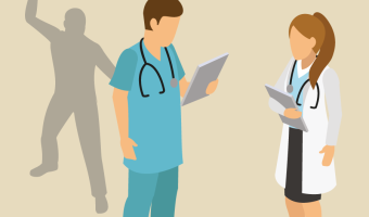 Conversation between nurse and doctor, in the background the silhouette of an attacker