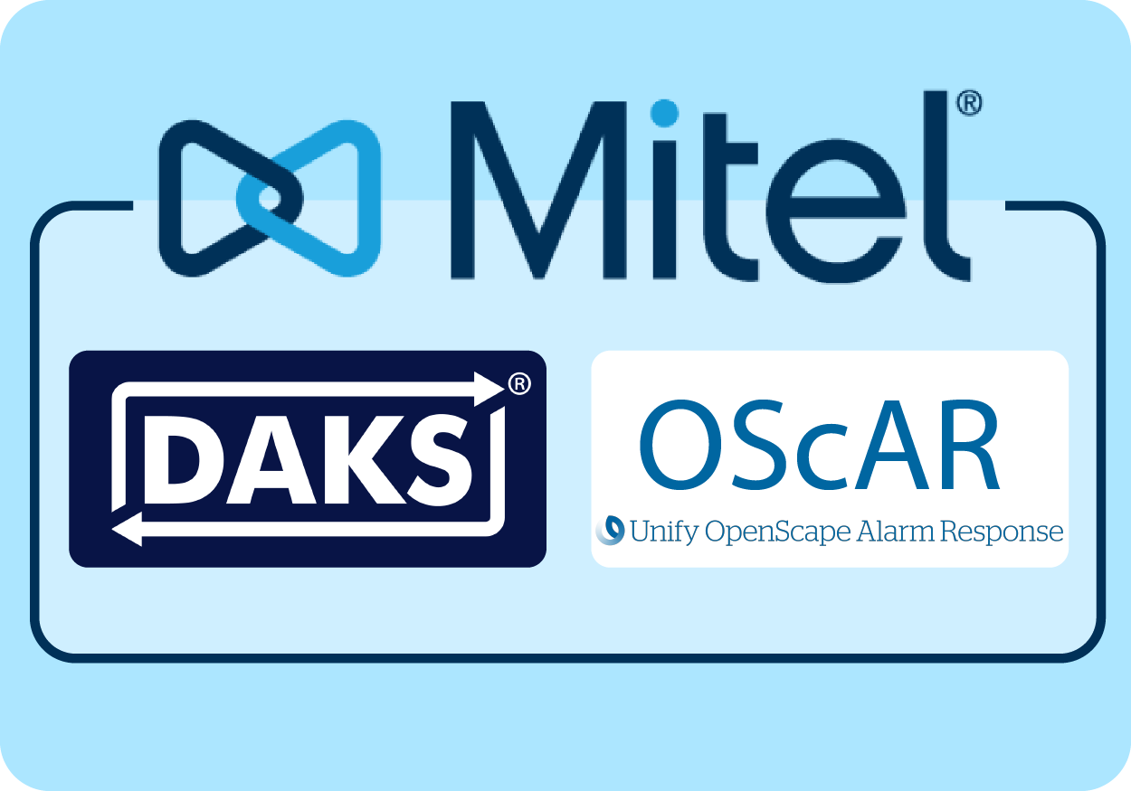 Above: Mitel logo; below: DAKS and OScAR logos