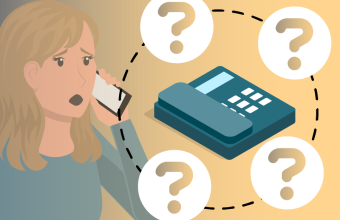 Woman talking on mobile phone next to a telephone surrounded by four question marks
