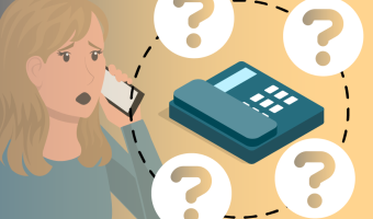 Woman talking on mobile phone next to a telephone surrounded by four question marks
