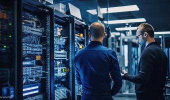 Two men are standing in a dark blue server room