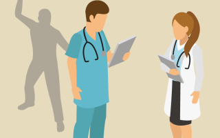 Gesprächssituation zwischen Pfleger und Ärztin, im Hintergrund die Silhouette eines Angreifers