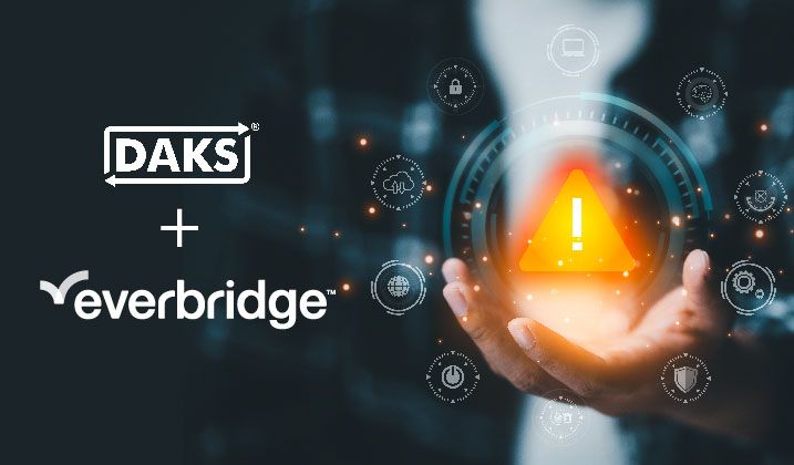 Left: DAKS + everbridge logos; right: open hand holding an illuminated warning symbol
