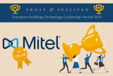 Mitel logo, on which hangs a golden badge with the inscription “with OScAR”; next to it an isometric depiction of people carrying a large trophy
