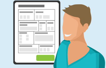 Nurse next to tablet with digital admission form