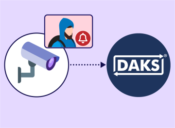 Die Überwachungskamera links mit einem Bild von der Person, ein Pfeil in der Mitte führt nach rechts zum DAKS-Symbol
