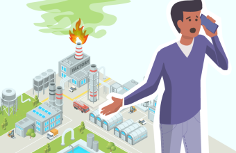 Desperate citizen on the phone, green gas escaping from the burning chimney of a chemical plant in the background