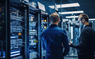 Zwei Männer stehen in einem dunkelblauen Serverraum