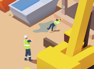 Auf einer Baustelle sieht ein Bauarbeiter, wie ein Kollege fällt.