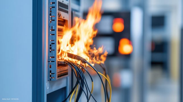 Burning server rack in a data center: A network device with cables connected to it has caught fire.