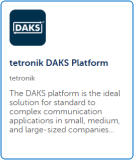 DAKS brand mark in dark blue rounded square + 'tetronik DAKS Platform' and claim