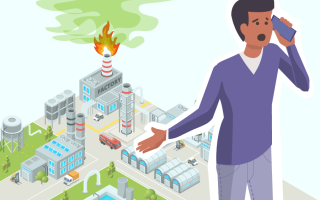 Verzweifelter Bürger am Telefon, im Hintergrund tritt grünes Gas aus dem brennenden Schornstein eines Chemiewerks aus