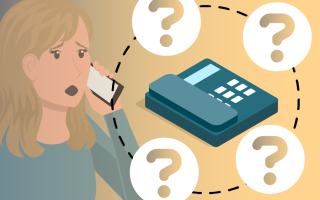 Frau am Handy neben Telefon umringt von vier Fragezeichen