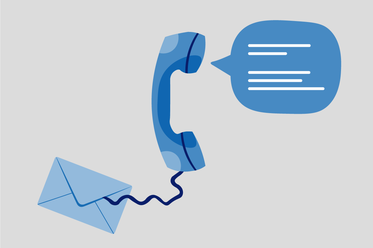 Phone receiver with cord growing out of an envelope; right: speech bubble coming out of the receiver