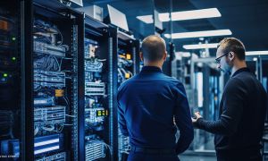 Two men are standing in a dark blue server room