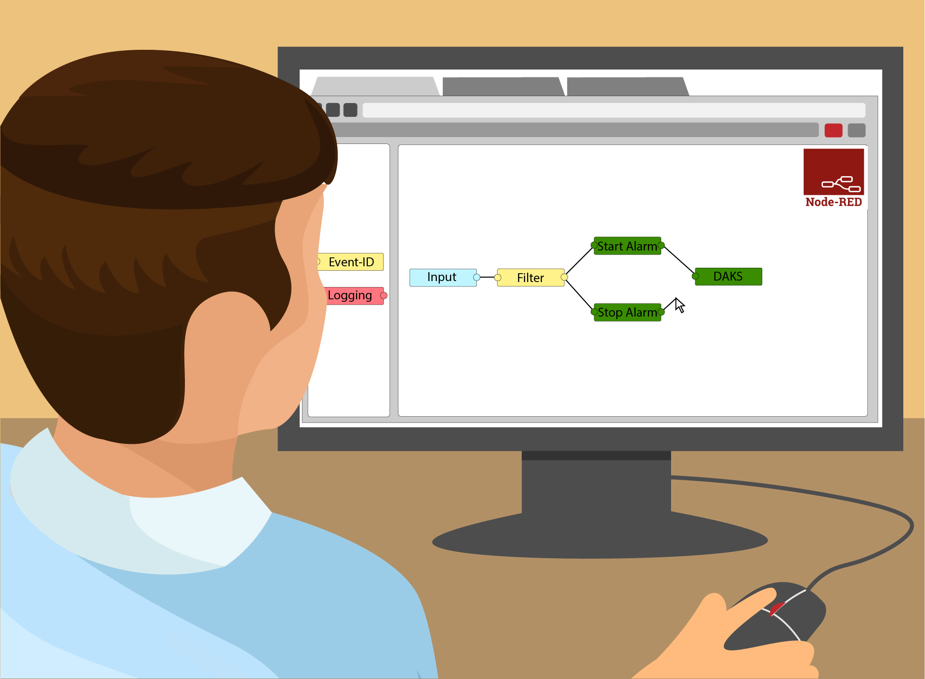 Ein Mitarbeiter sitzt vor einem Bildschirm, auf dem er mit Node-RED einen Workflow erstellt