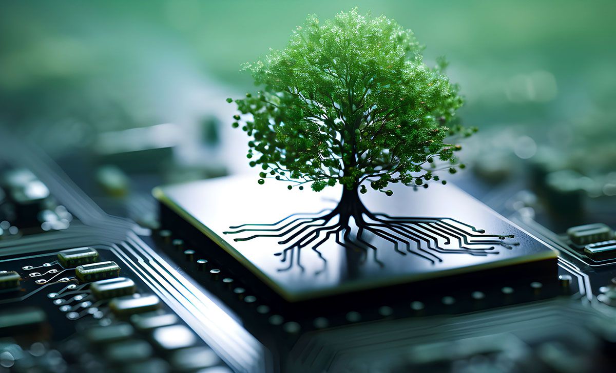 Tree growing out of a computer chip