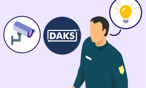 Surveillance camera and DAKS symbols lead to security officer with idea (light bulb)