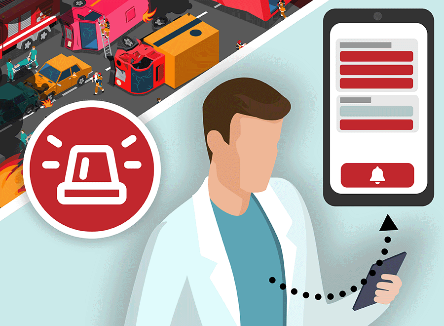 A doctor looks at his phone, on which a dashboard is displayed; an accident and the symbol of a signal light can be seen at the top left