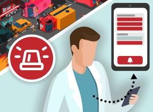 A doctor looks at his phone, on which a dashboard is displayed; an accident and the symbol of a signal light can be seen at the top left