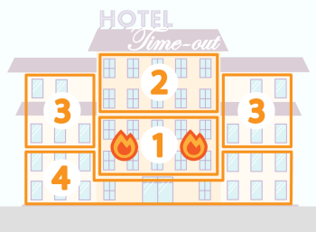 Hotel building, divided into different numbered areas